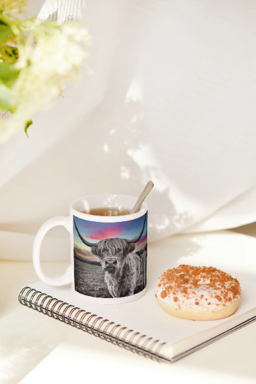 Dramatic Red Sky Highland Cow Tea Coffee Ceramic Mug
