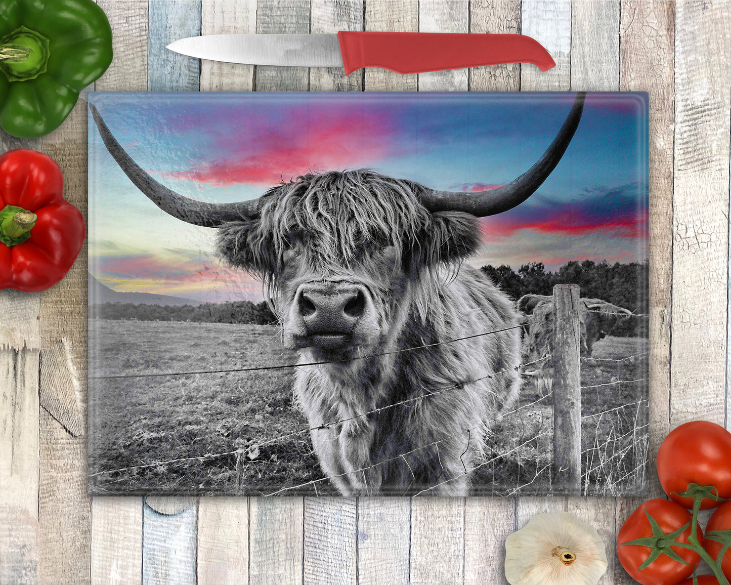 Highland Cow Dramatic Red Sky Glass Chopping Board, Worktop Saver