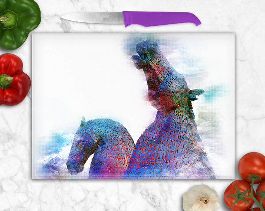 Brightly Coloured Kelpies Glass Chopping Board, Worktop Saver, Pan Stand, Kelpies Falkirk Chopping Board, Scottish Gift, Kelpies Gift
