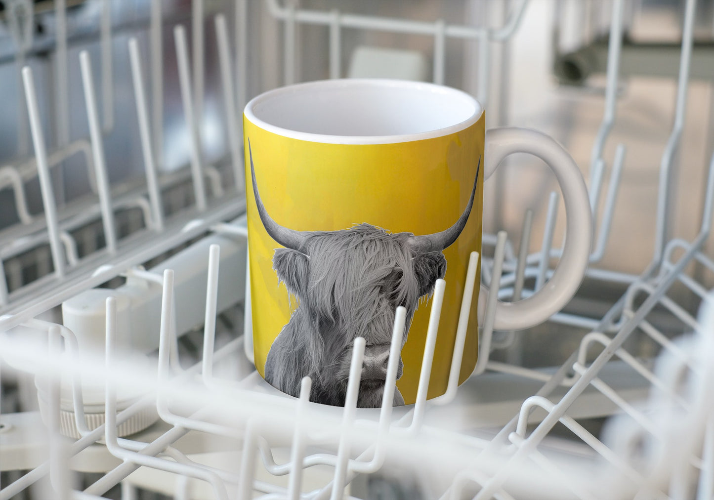 Monochrome and Mustard Highland Cow Ceramic Mug Tea/Coffee Cup