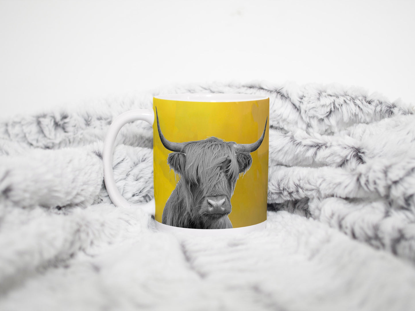 Monochrome and Mustard Highland Cow Ceramic Mug Tea/Coffee Cup