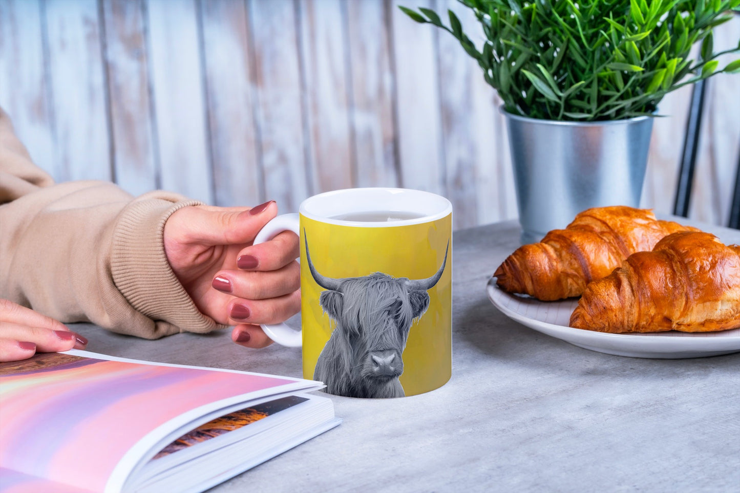 Monochrome and Mustard Highland Cow Ceramic Mug Tea/Coffee Cup