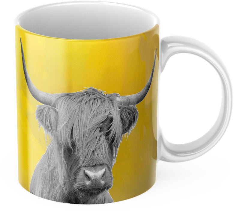 Monochrome and Mustard Highland Cow Ceramic Mug Tea/Coffee Cup