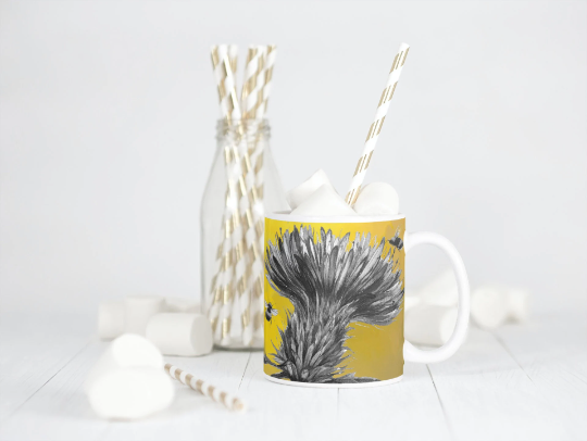 Brightly Coloured Thistle and Bee Tea Coffee Ceramic Mug, Bee Mug, Thistle Mug, Scottish Mug, Bee Lovers Gift, Buzzy Bees Mug, Bee Lovers