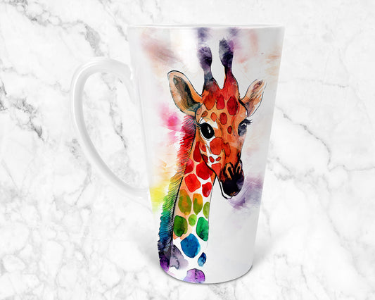 Brightly Coloured Giraffe Watercolour Ceramic 17oz Skinny Latte Mug, Giraffe Latte Mug, Giraffe Lovers Mug, Giraffe Lovers Gift, Latte Cup