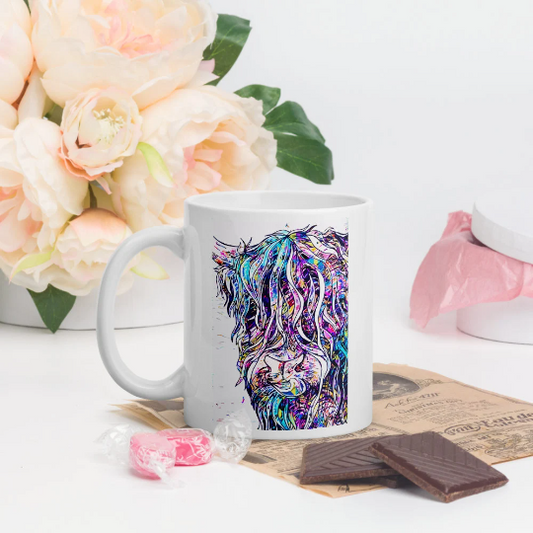 Pop Art Coloured Highland Cow Tea Coffee Ceramic Mug, Highland Cow Mug, Scottish Mug, Highland Cows, Scottish Gift