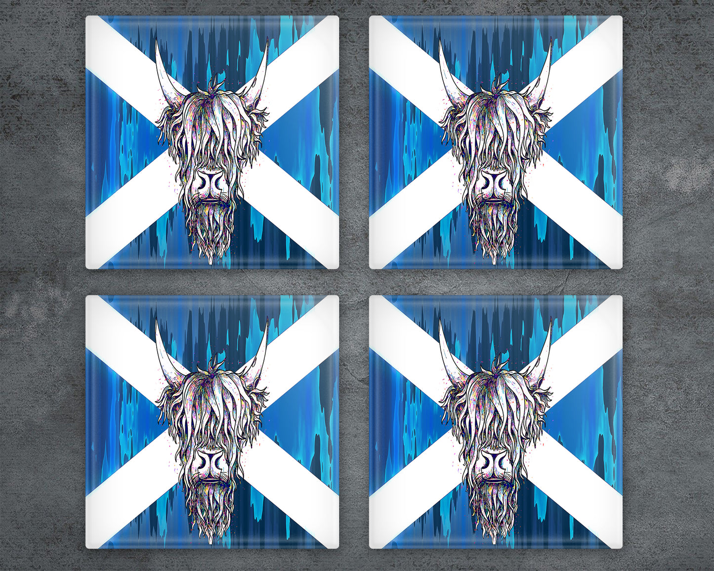 Highland Cow Saltire Glass Coaster, Drinks Holder, Colourful Coo's, Scotland, Scottish Gift, Highland Cow Gift