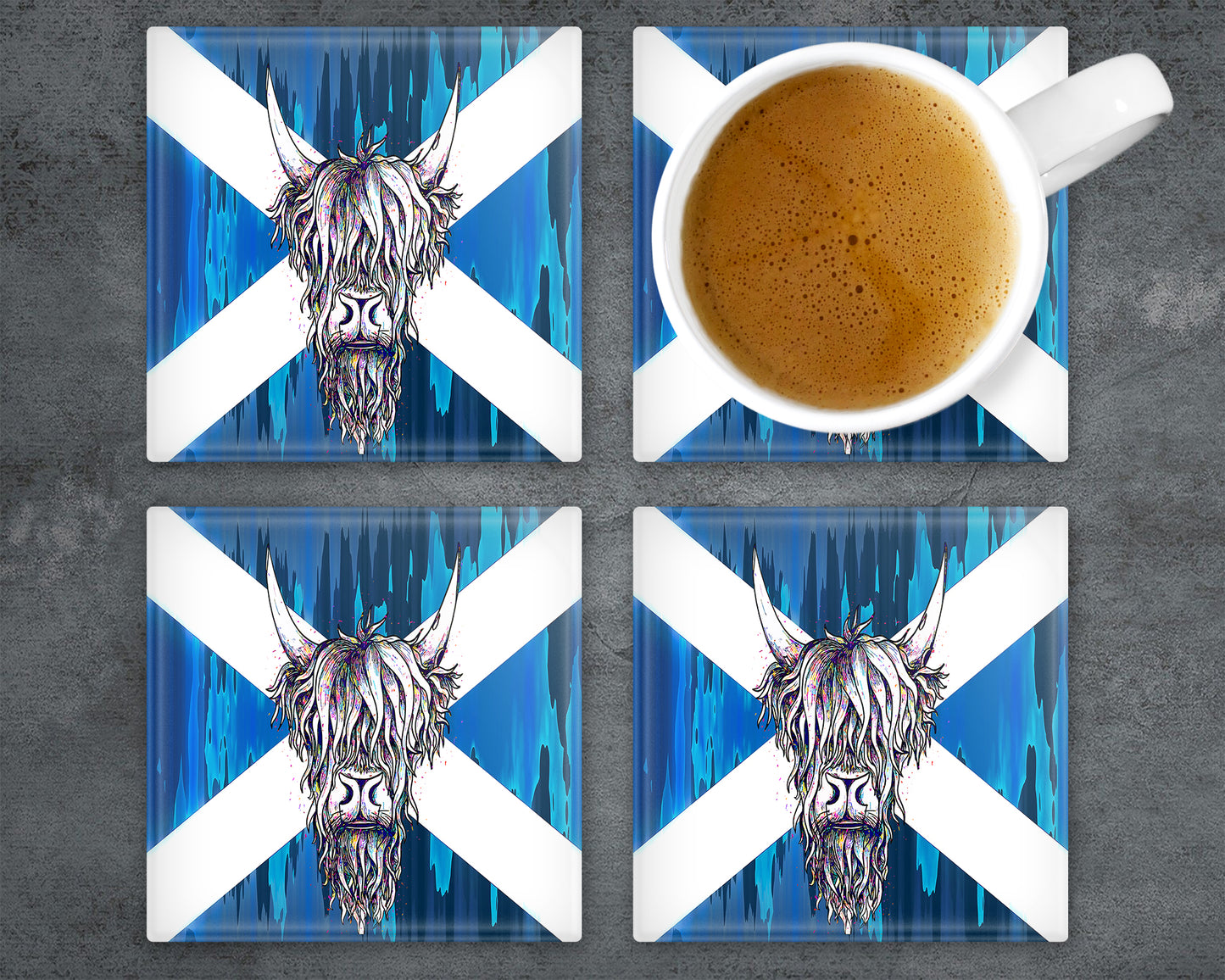 Highland Cow Saltire Glass Coaster, Drinks Holder, Colourful Coo's, Scotland, Scottish Gift, Highland Cow Gift