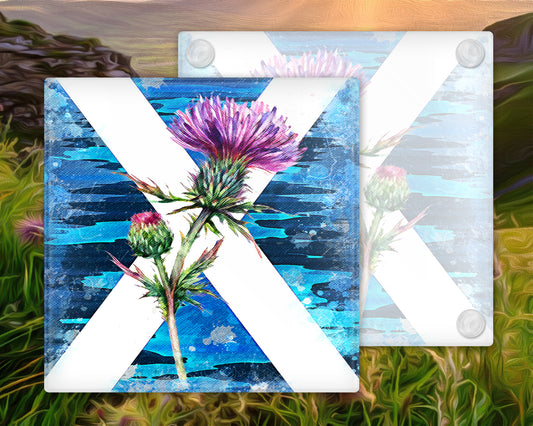 Saltire Abstract Thistle Glass Coaster Set, Scottish Thistle Coaster, Scottish Coaster, Highland Coaster, Scottish Gift, Set of 4 Coasters