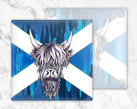 Highland Cow Saltire Glass Coaster, Drinks Holder, Colourful Coo's, Scotland, Scottish Gift, Highland Cow Gift