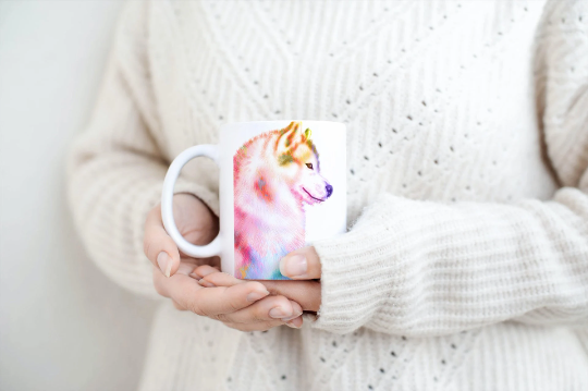 Brightly Coloured Wolf Tea Coffee Ceramic Mug, Husky Mug, Wolf Mug, Made In Scotland, Wolf Lovers Gift, Pastel Colours Mug, Wolf Lovers