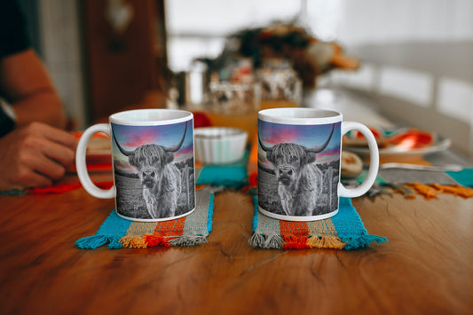 Dramatic Red Sky Highland Cow Tea Coffee Ceramic Mug
