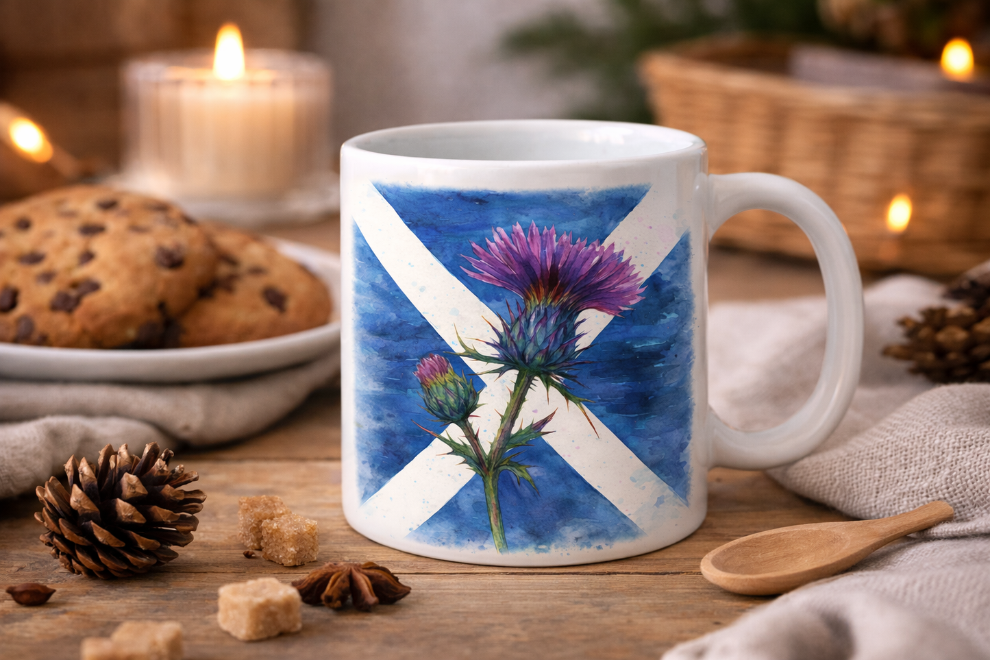 Saltire & Thistle Mug – Scottish Flag Watercolour | 11oz Ceramic Mug
