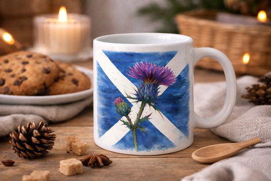 Saltire & Thistle Mug – Scottish Flag Watercolour | 11oz Ceramic Mug