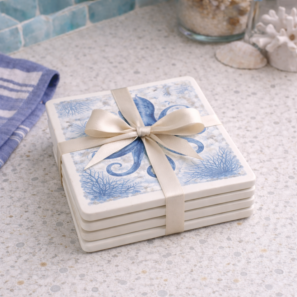 Sea Life Ceramic Coasters – Coastal Nautical Coaster Set | Designed in Scotland by Eiledon