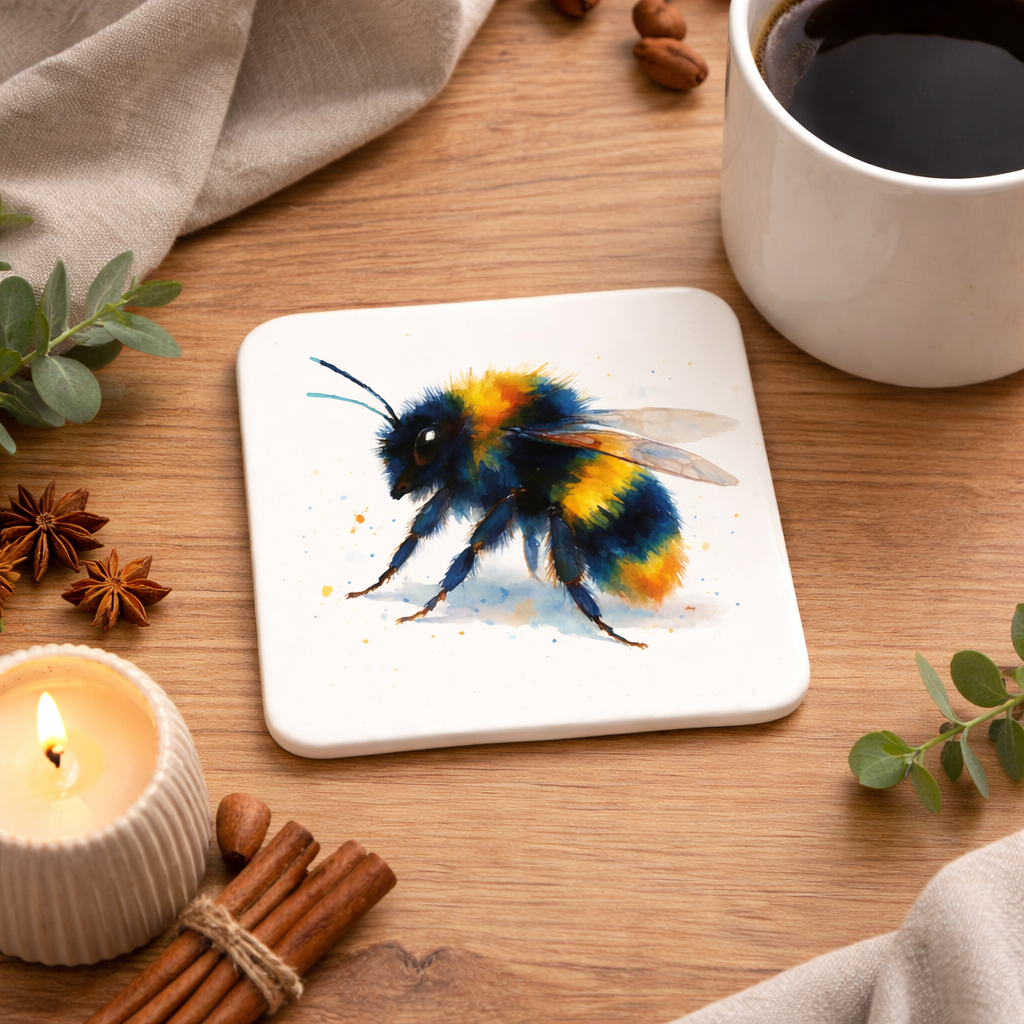 Set of 4 Bumblebee Ceramic Coasters – Scottish Watercolour Bee Art | Designed in Scotland by Eiledon