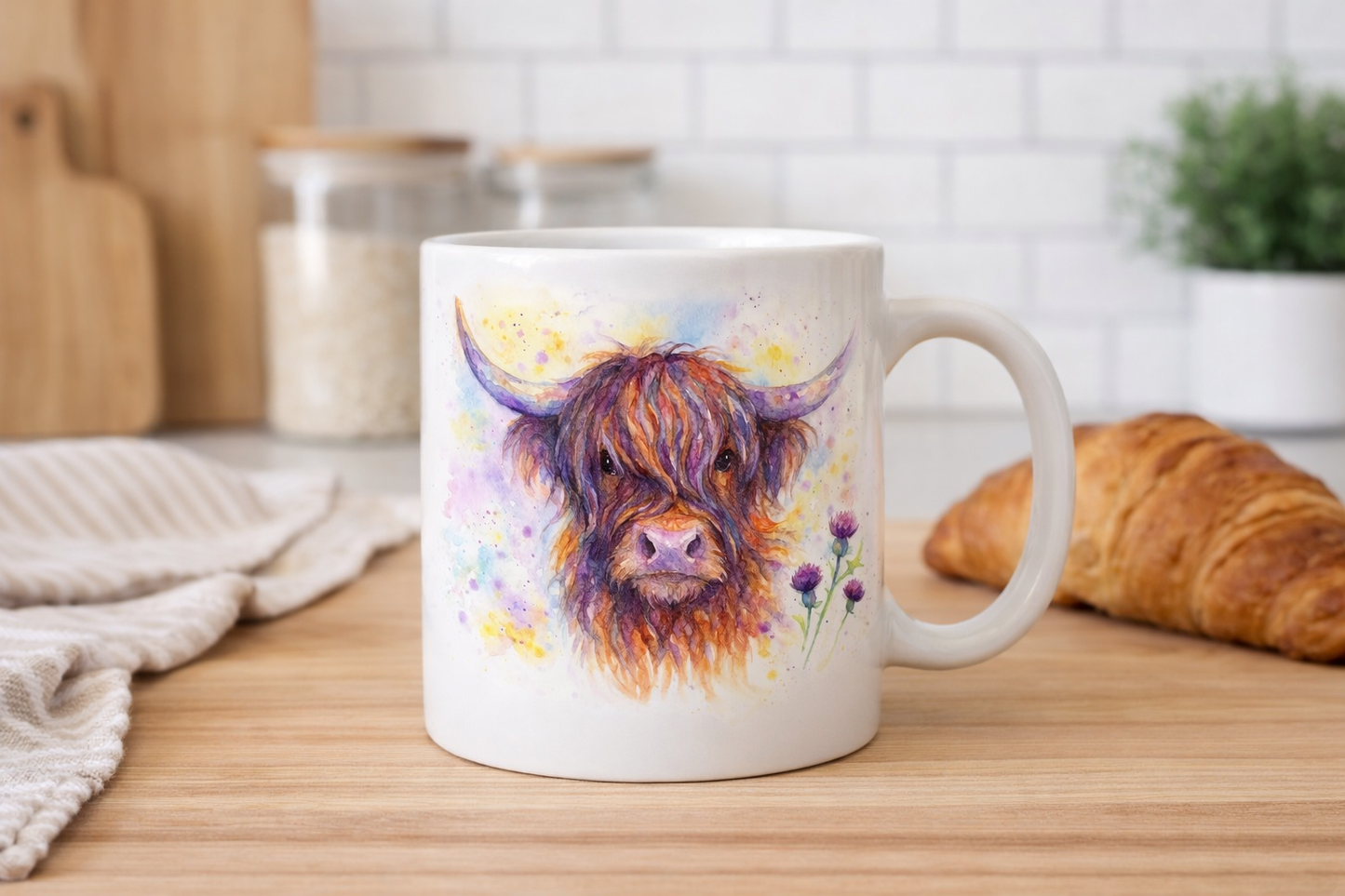 Highland Cow & Thistles Mug – Colourful Scottish Watercolour | 11oz Ceramic Mug