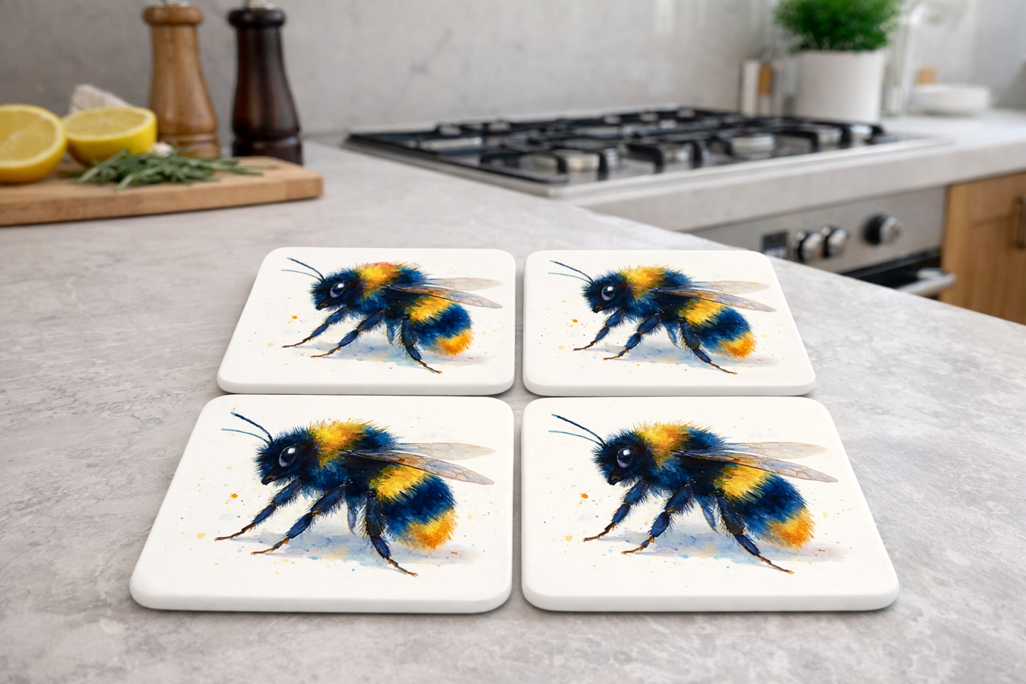 Set of 4 Bumblebee Ceramic Coasters – Scottish Watercolour Bee Art | Designed in Scotland by Eiledon