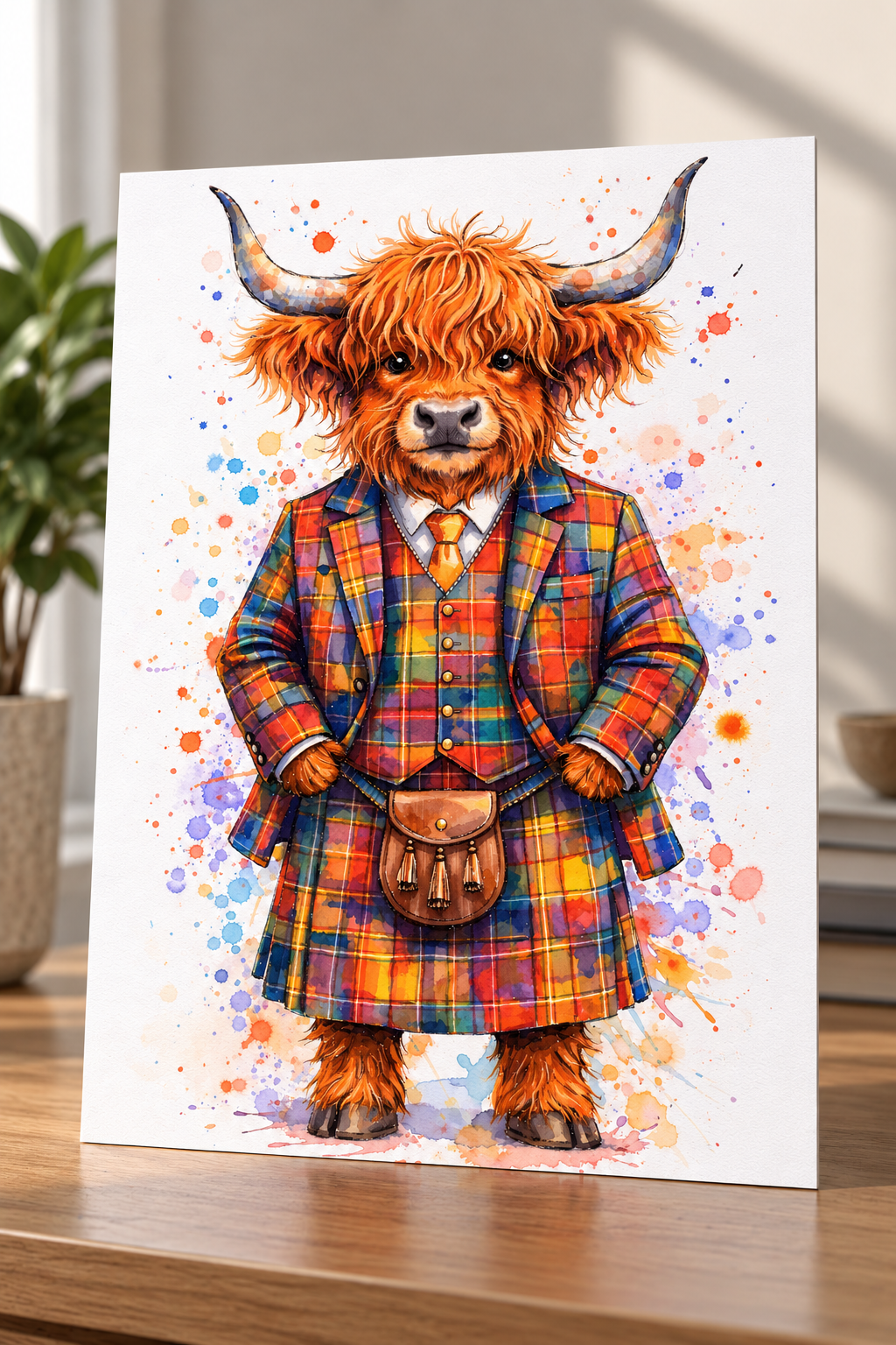 Ralph the Highland Cow in a Tartan Jacket Art print