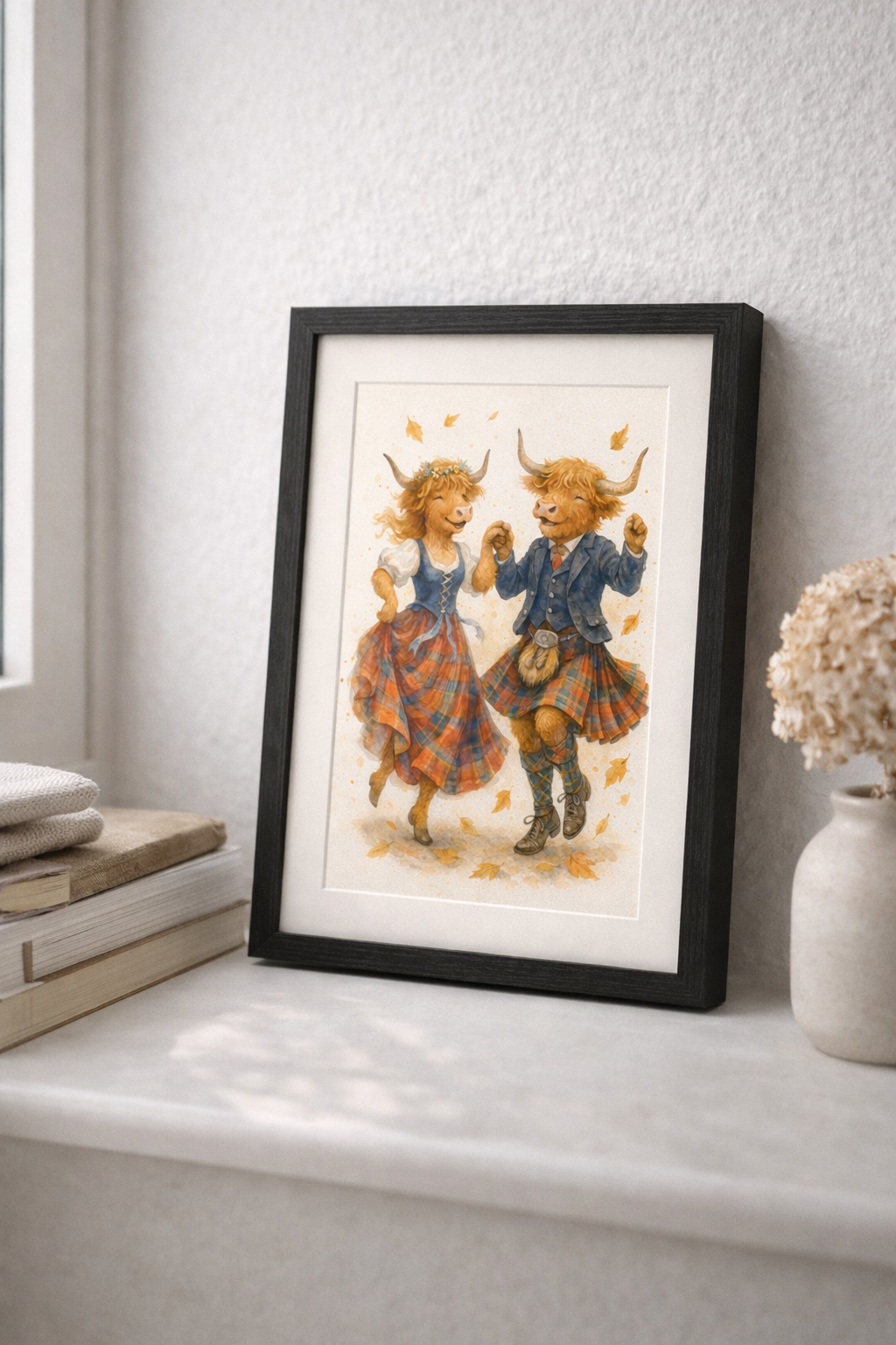 Highland Cow Ceilidh Dance Art Print – Romantic Scottish Watercolor
