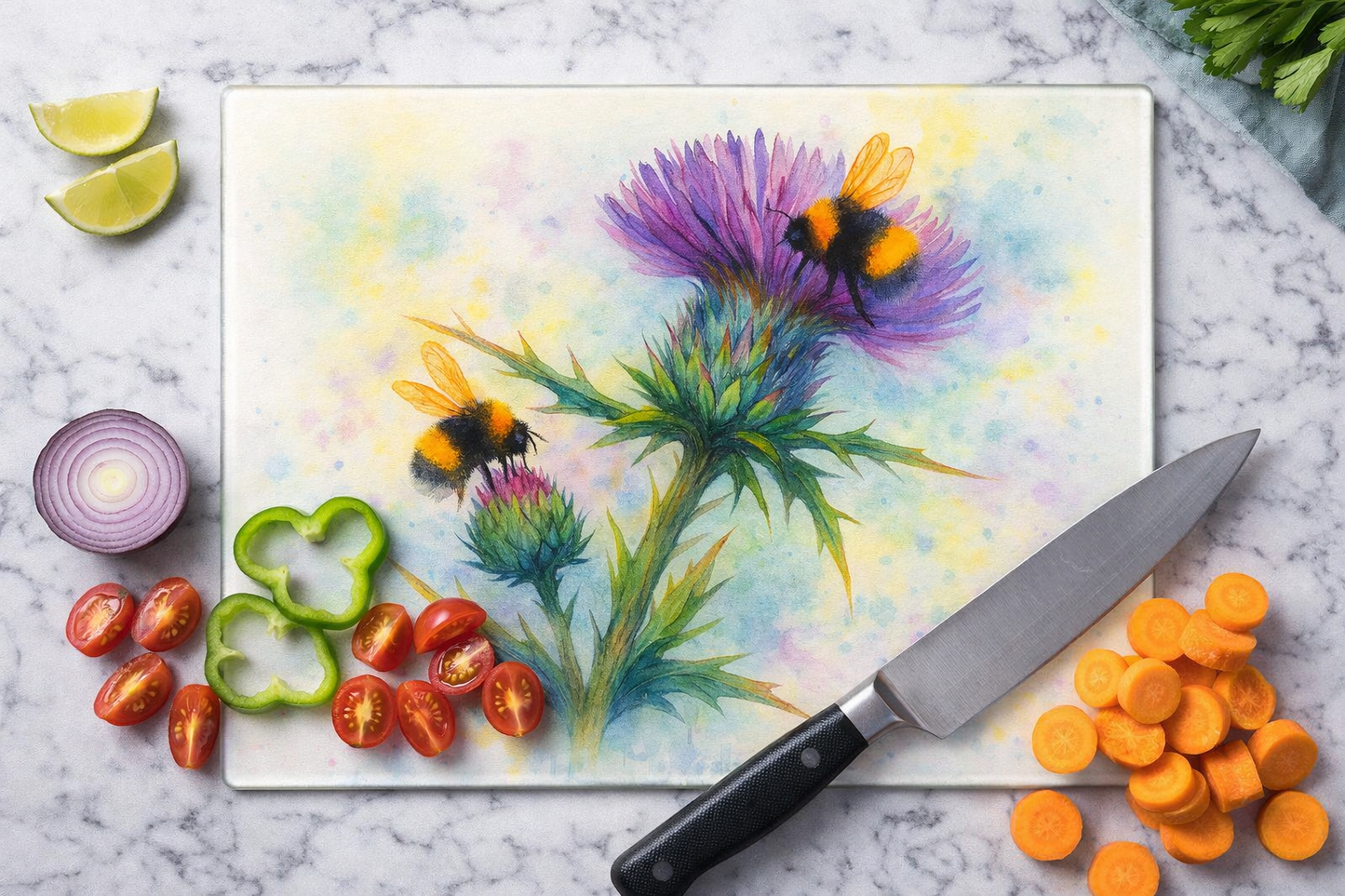 Thistle and Bees Glass Chopping Board, Worktop Saver