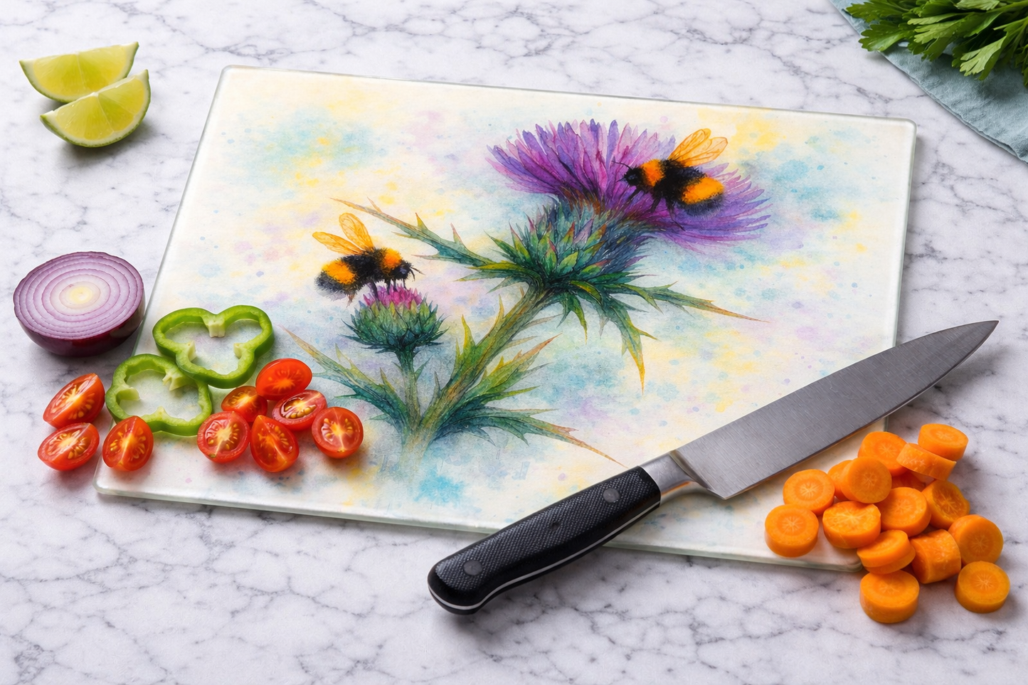 Thistle and Bees Glass Chopping Board, Worktop Saver