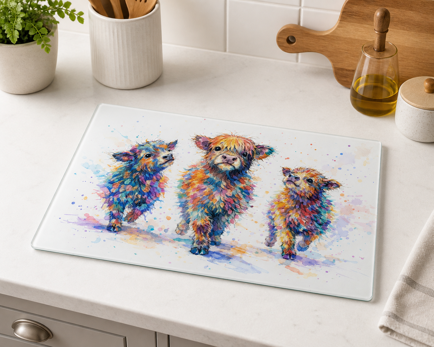 Wild in Colour – The Colourful Herd Glass Chopping Board | Highland Cow Kitchen Board 39 x 28.5cm