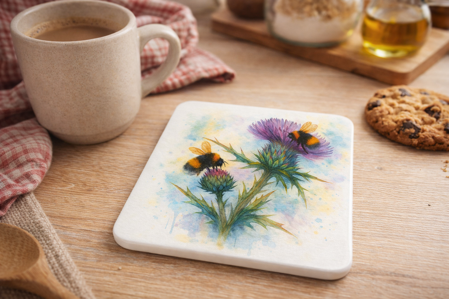 Thistle and Bumblebee Ceramic Coasters- Set of 4