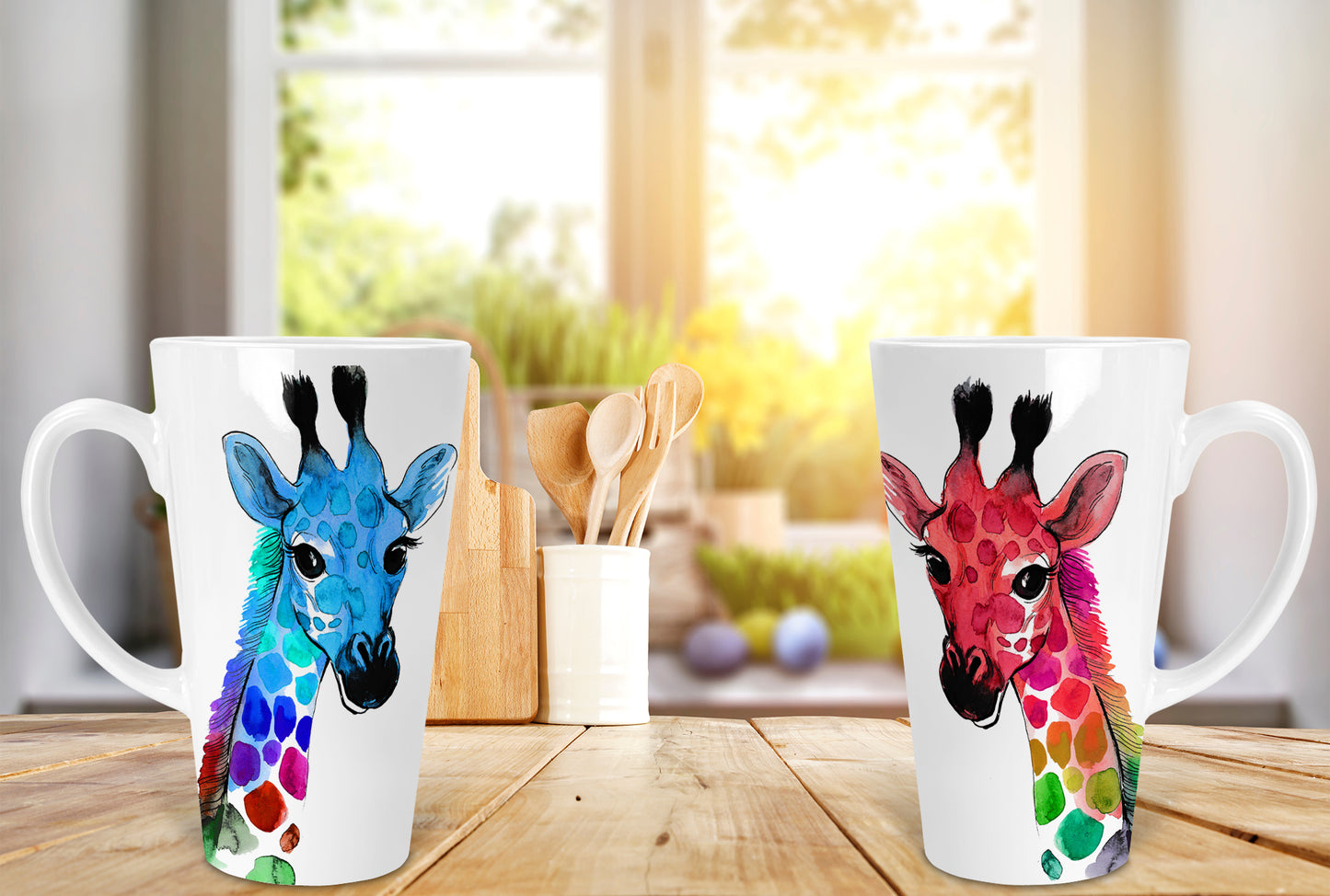 Brightly Coloured Giraffe Watercolour Ceramic 17oz Skinny  Latte Mug, Giraffe Latte Mug, Giraffe Lovers Mug, Giraffe Lovers Gift, Latte Cup