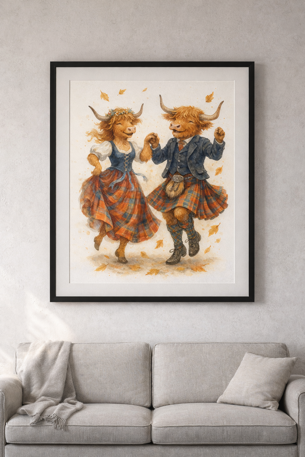 Highland Cow Ceilidh Dance Art Print – Romantic Scottish Watercolor