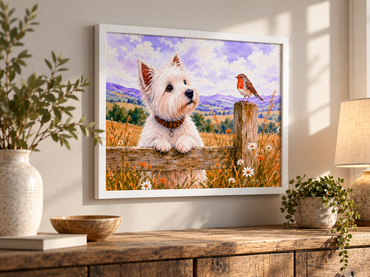 Westie & Robin – Scottish West Highland Terrier Wall Art | The Curious Collection