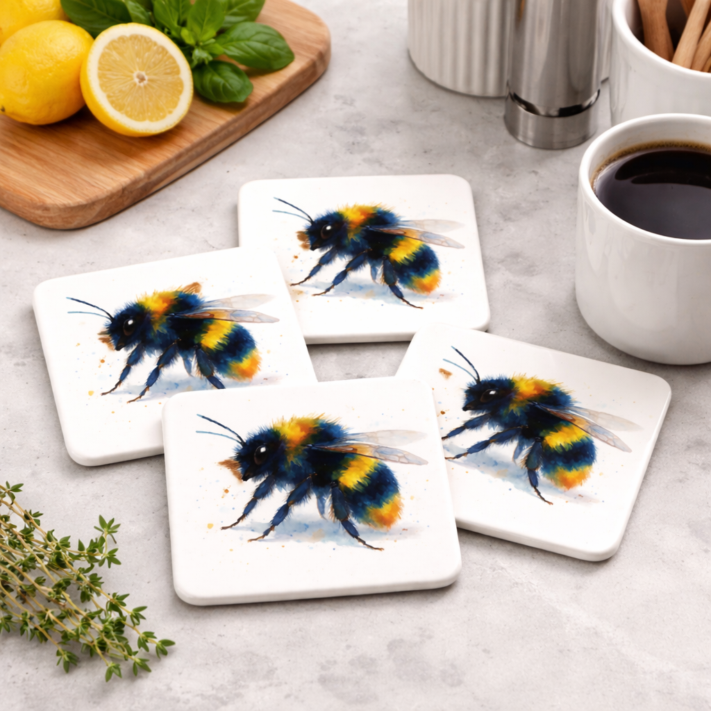 Set of 4 Bumblebee Ceramic Coasters – Scottish Watercolour Bee Art | Designed in Scotland by Eiledon