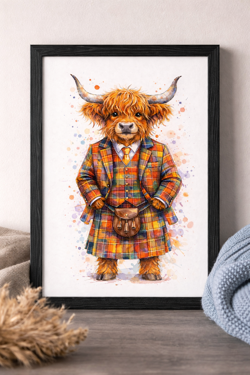 Ralph the Highland Cow in a Tartan Jacket Art print