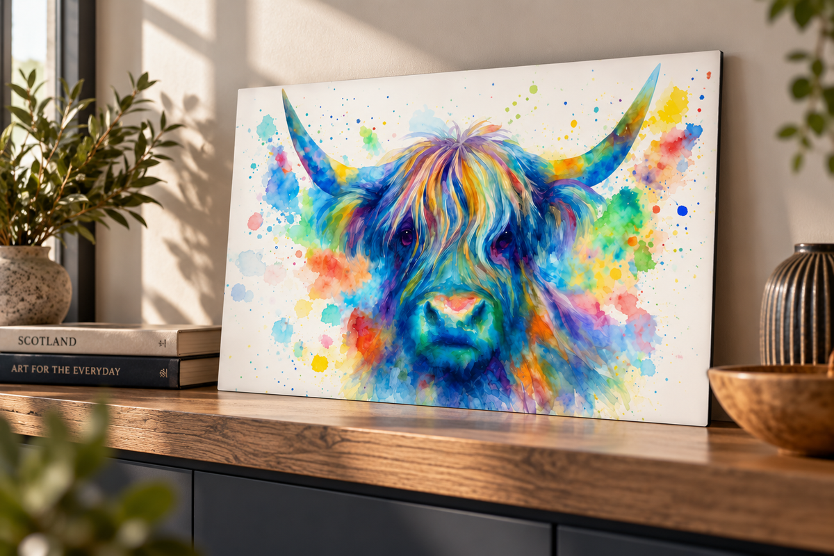 Rainbow Splash Highland Cow – Vibrant Watercolour Wall Art Print