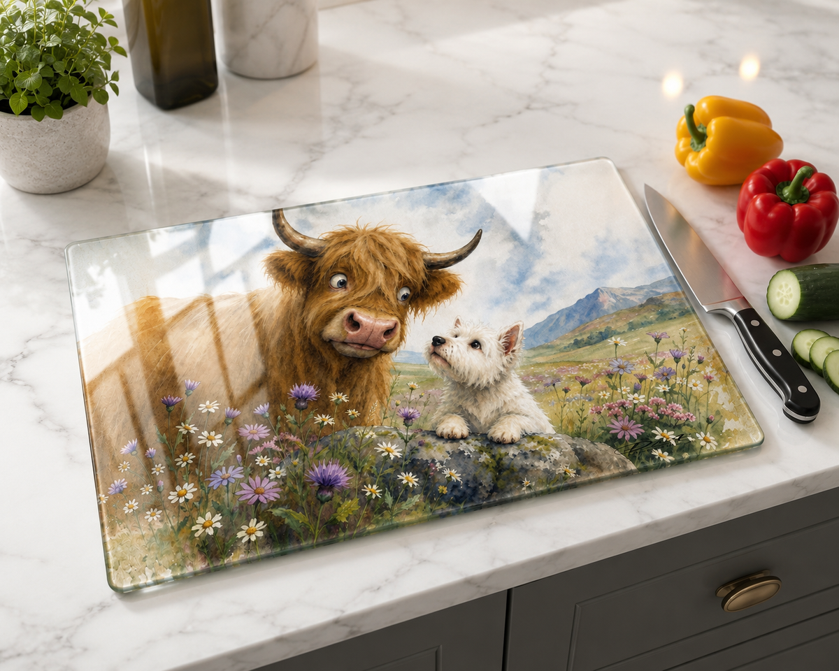 Coo and Westie | Highland Cow & Westie Glass Worktop Saver
