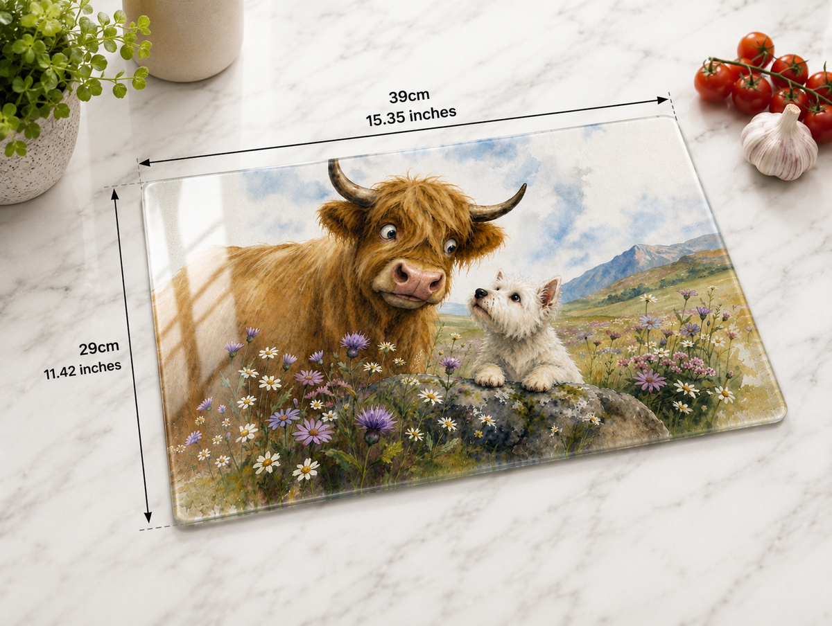 Coo and Westie | Highland Cow & Westie Glass Worktop Saver