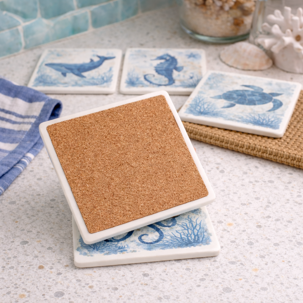 Sea Life Ceramic Coasters – Coastal Nautical Coaster Set | Designed in Scotland by Eiledon