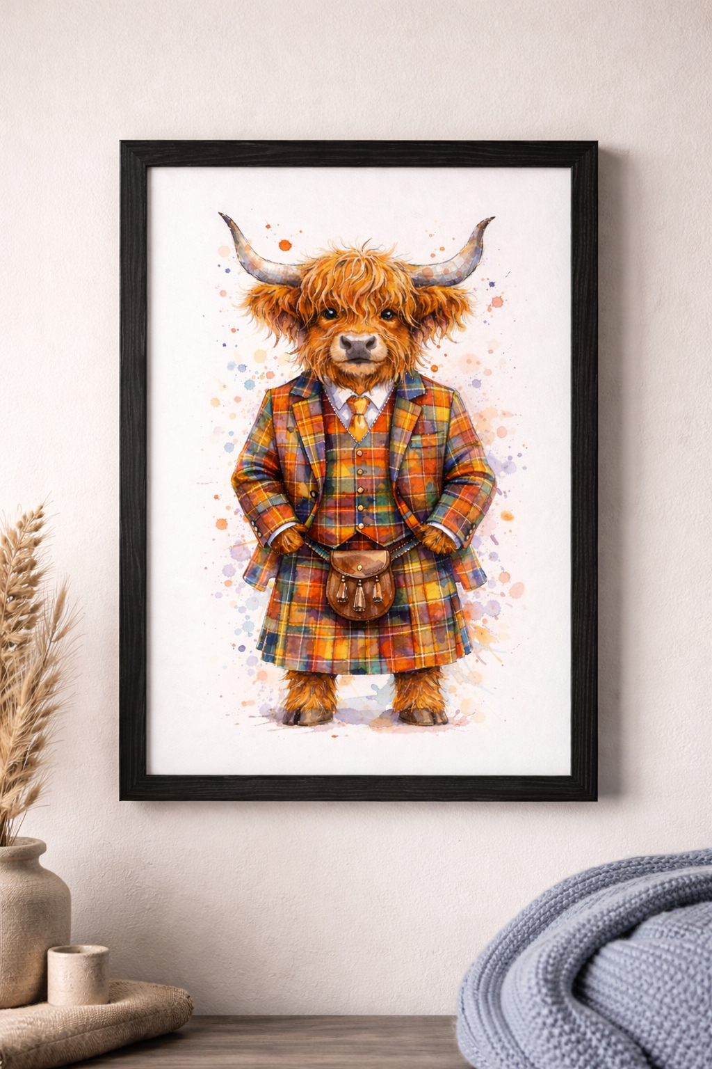 Ralph the Highland Cow in a Tartan Jacket Art print