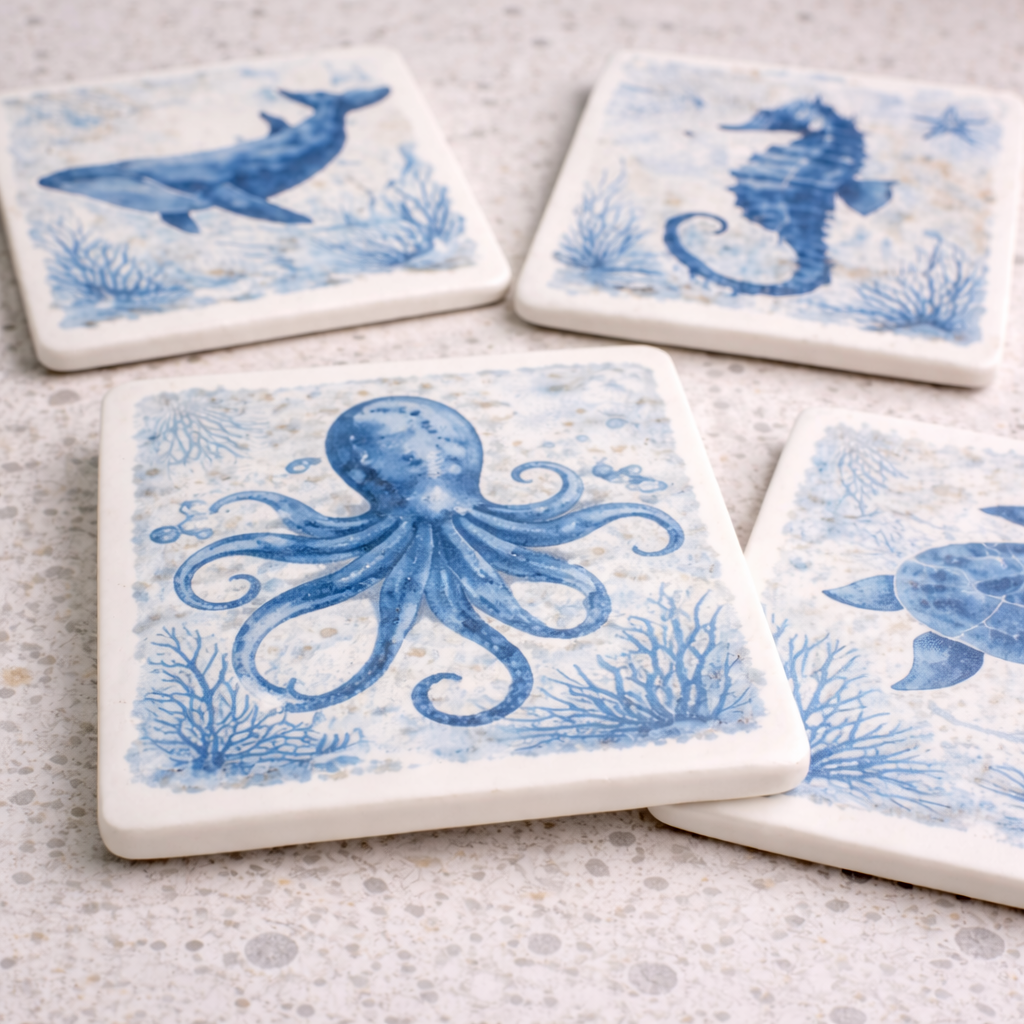 Sea Life Ceramic Coasters – Coastal Nautical Coaster Set | Designed in Scotland by Eiledon