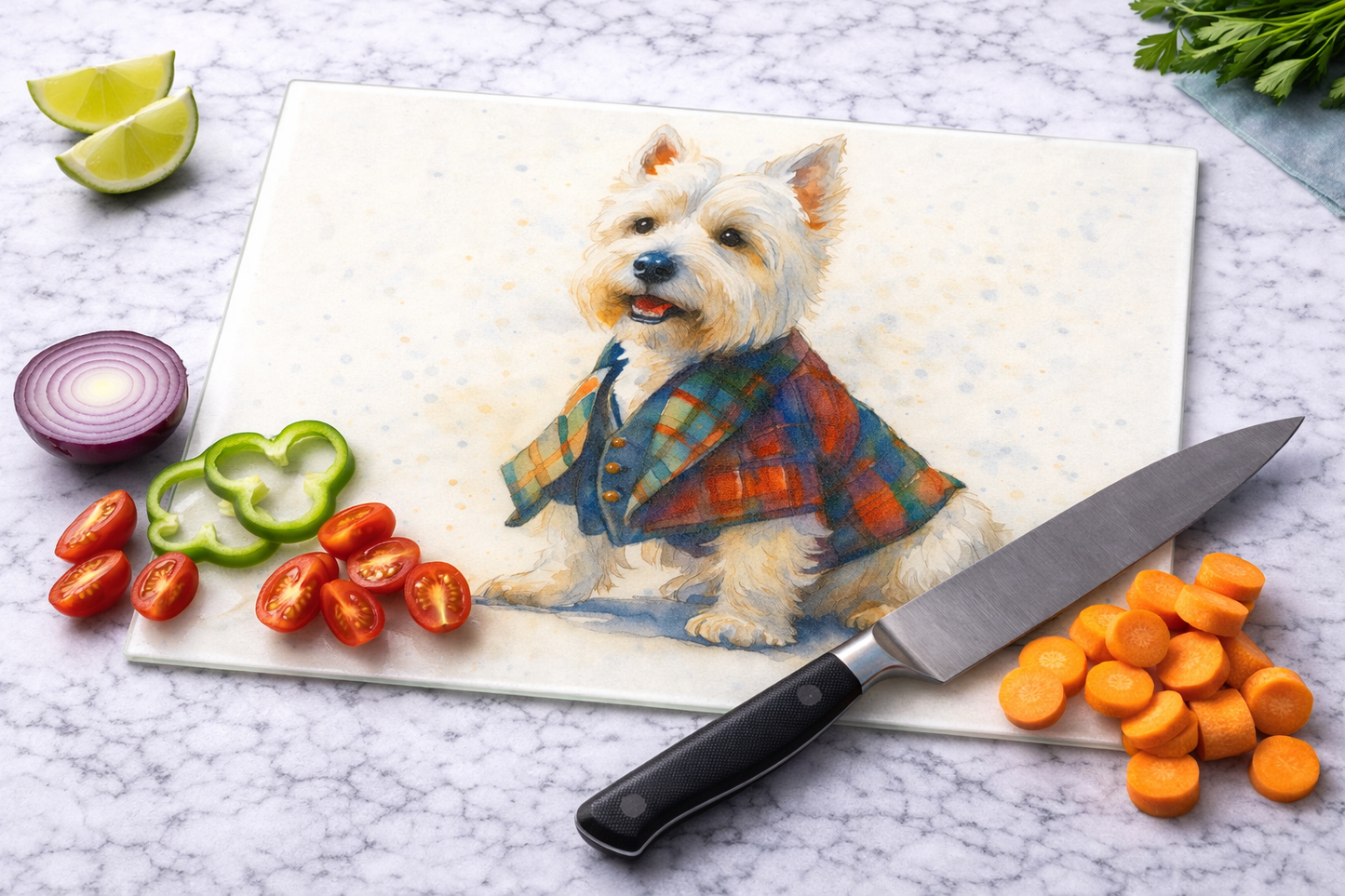 West Highland Terrier Glass Chopping Board – Scottish Tartan Design
