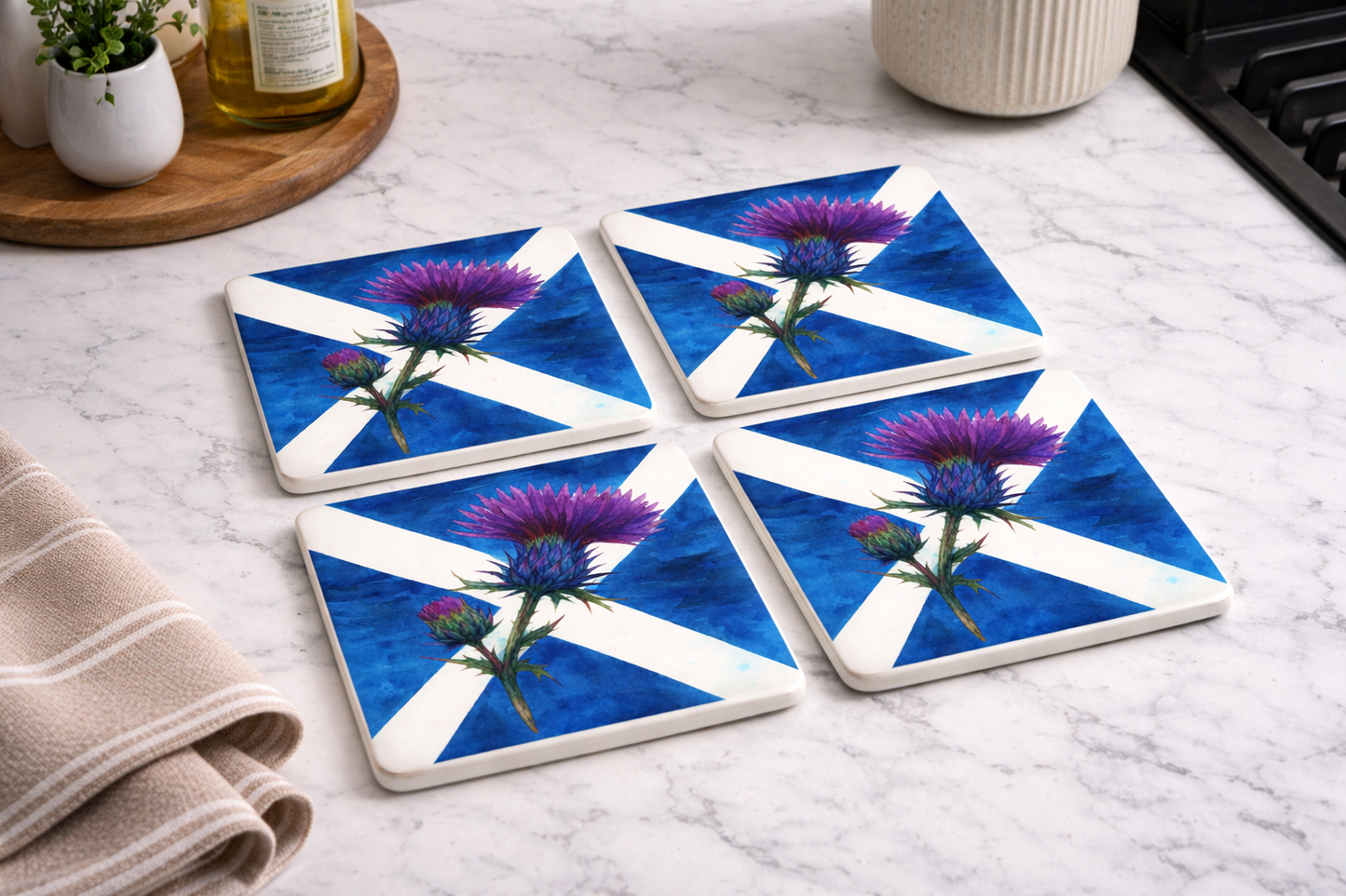 Saltire Thistle Ceramic Coasters – Set of 4