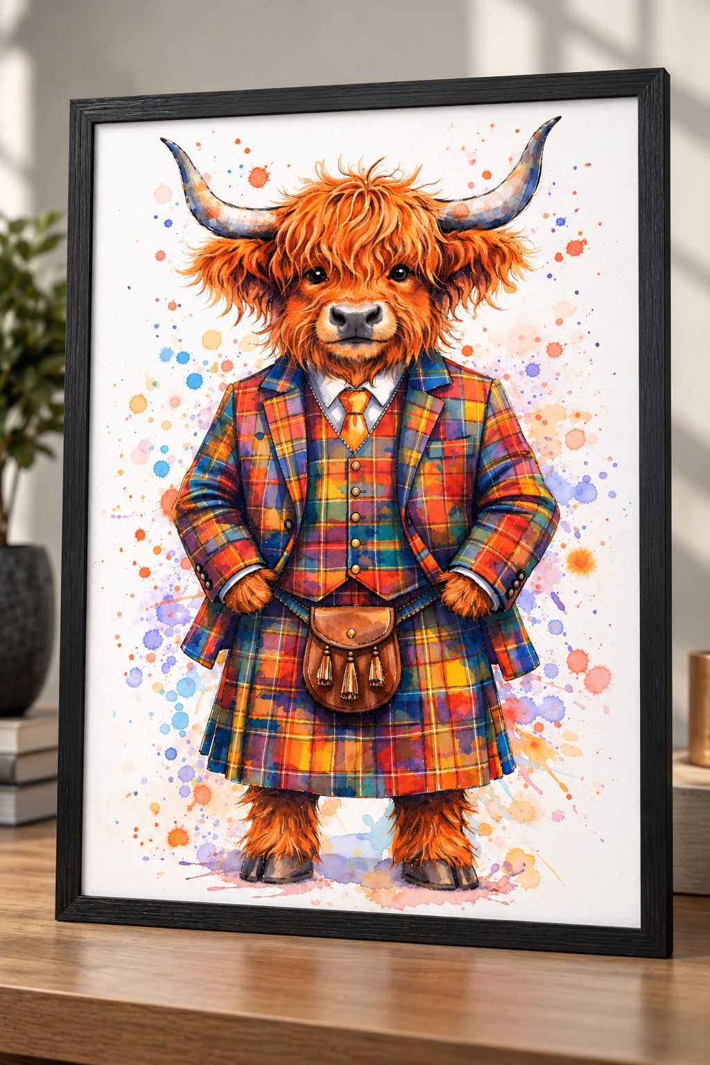 Ralph the Highland Cow in a Tartan Jacket Art print
