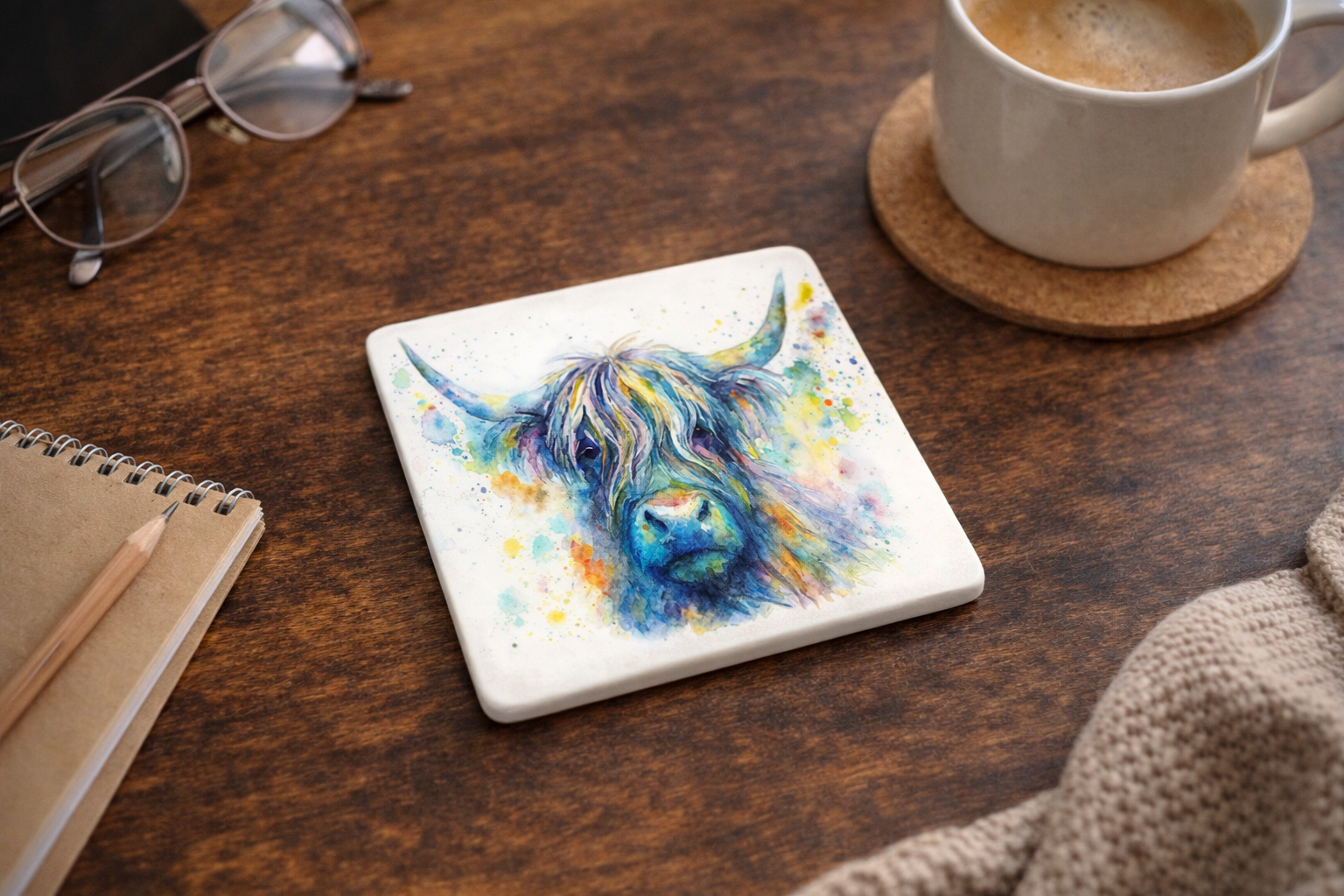 Colour Splash Highland Cow Ceramic Coasters – Set of 4 – Eiledon