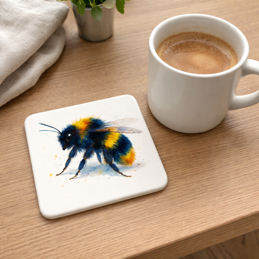 Set of 4 Bumblebee Ceramic Coasters – Scottish Watercolour Bee Art | Designed in Scotland by Eiledon