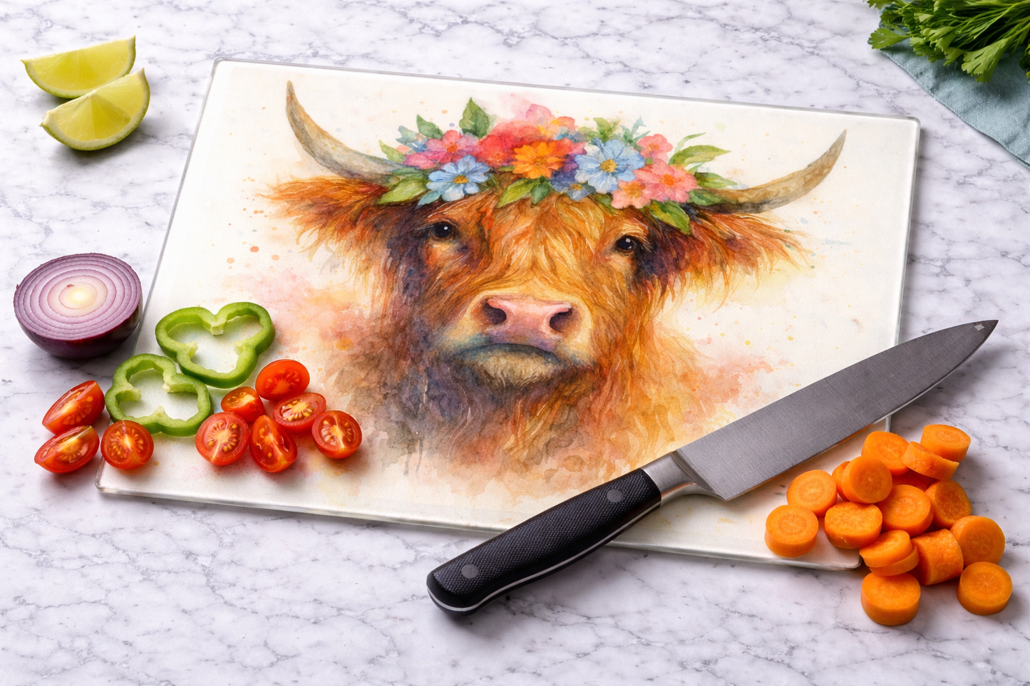 Highland Cow Floral Glass Chopping Board – Scottish Watercolour Design