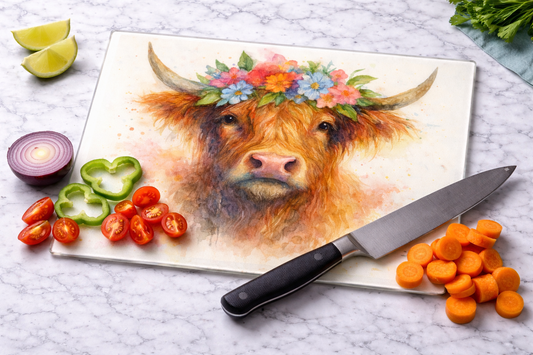 Highland Cow Floral Glass Chopping Board – Scottish Watercolour Design
