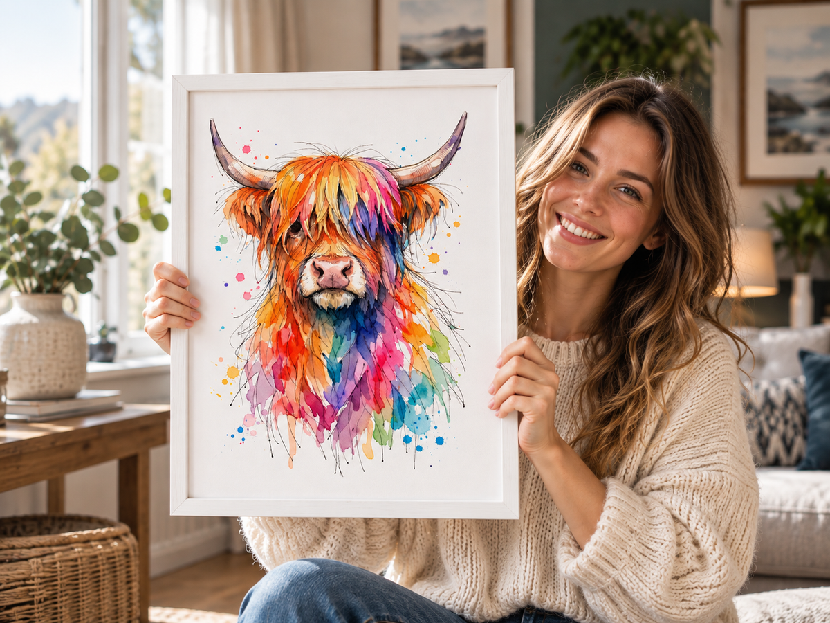 Colourful Highland Cow Wall Art | Scottish Art Print – Ink & Wild