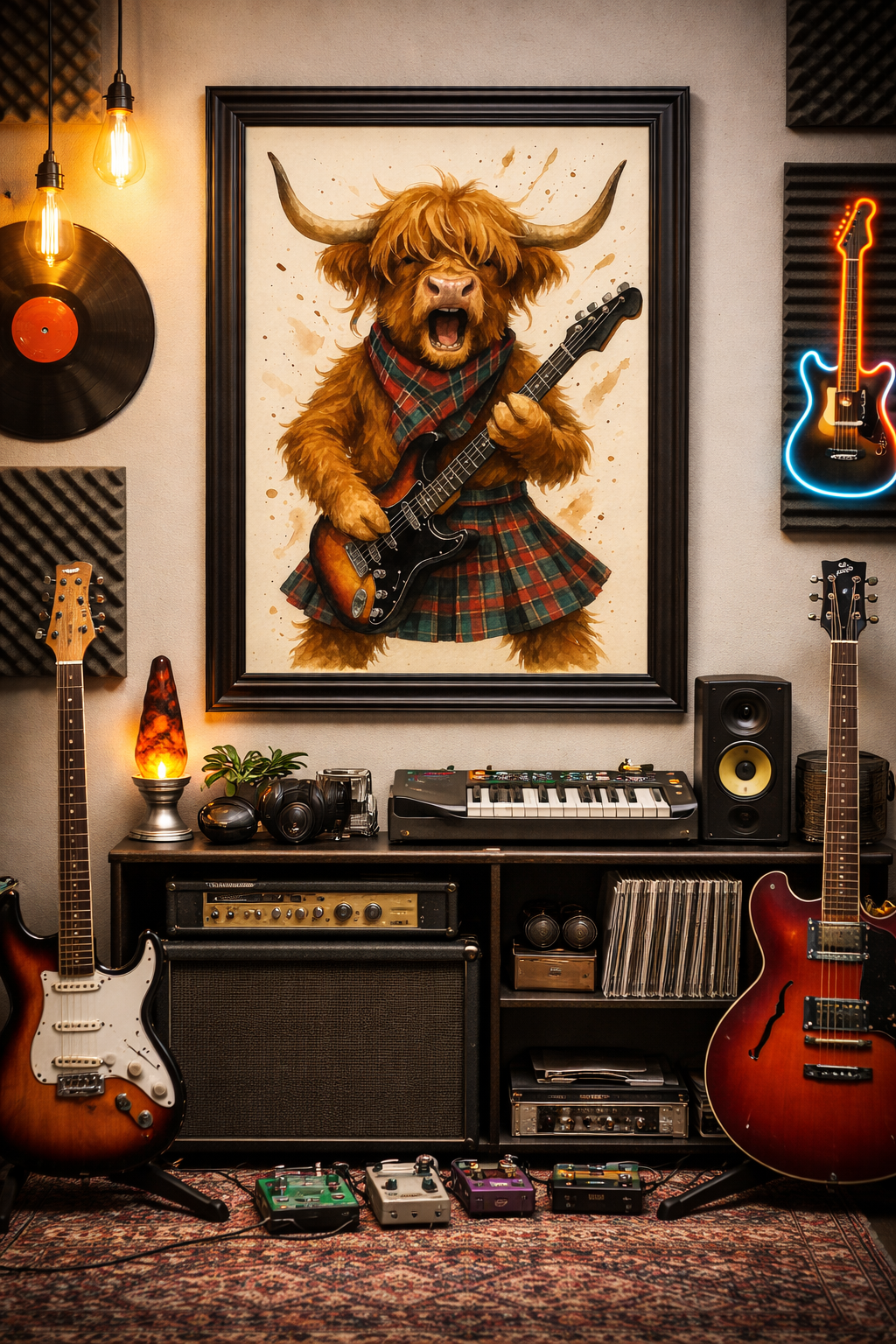 “Highland Rocker Poster – Cool Cow in Kilt with Guitar | Watercolor Wall Art Print”