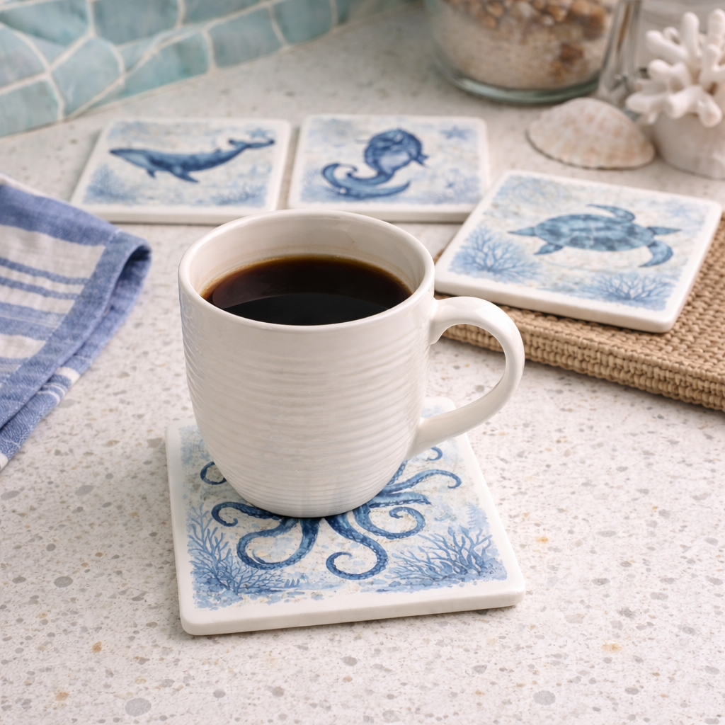 Sea Life Ceramic Coasters – Coastal Nautical Coaster Set | Designed in Scotland by Eiledon