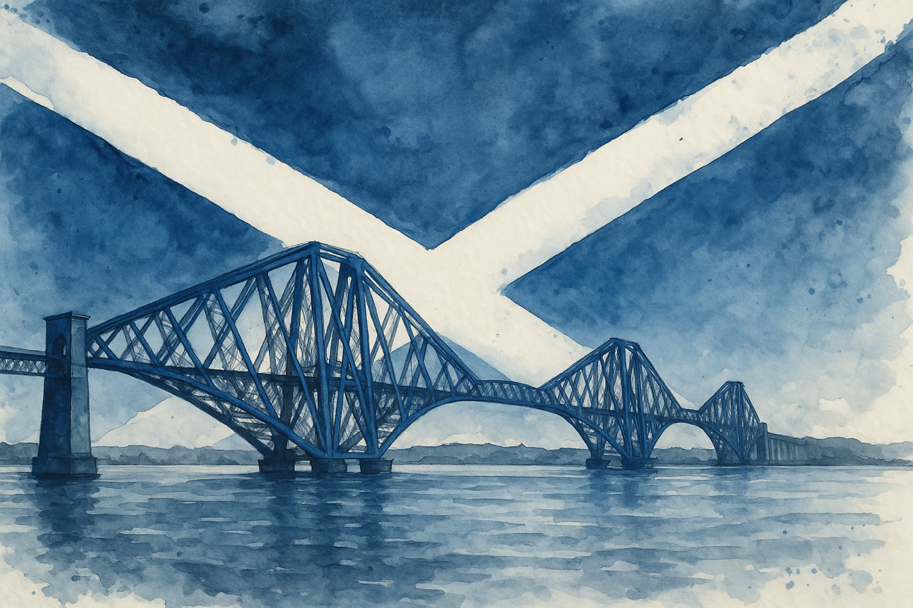 Under A Saltire Sky – Forth Bridge | Scottish Watercolour Art Print & Framed Wall Art